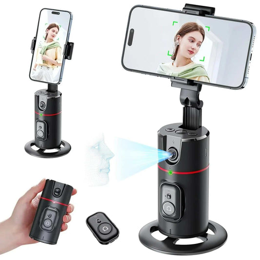 Auto face tracking phone holder tripod with 360-degree rotation and gesture control for smartphones