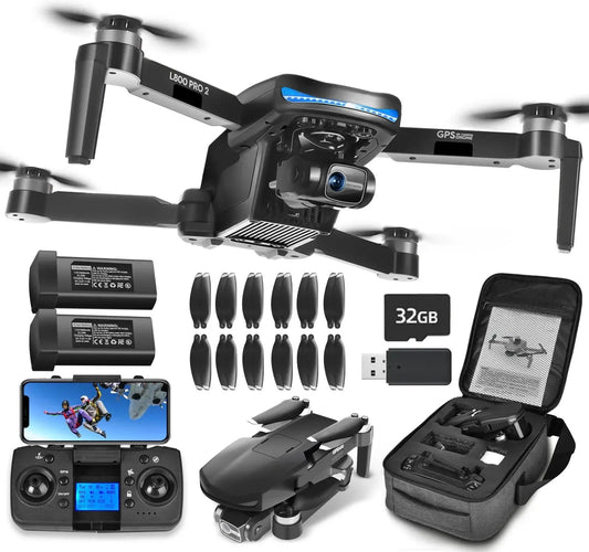 Black foldable drone with 4K camera, 5G WiFi FPV, GPS, two batteries, 50 min flight, remote, propellers, 32GB card, and carrying case