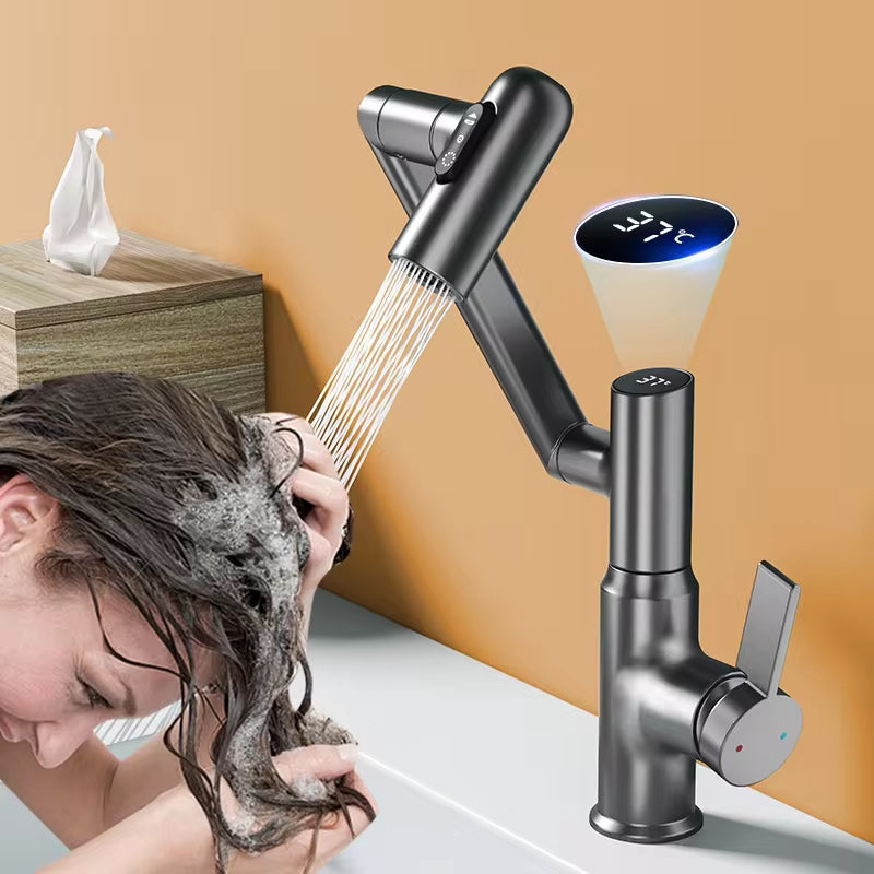 Digital display LED basin faucet with 360-degree rotation and temperature control washing hair in bathroom sink
