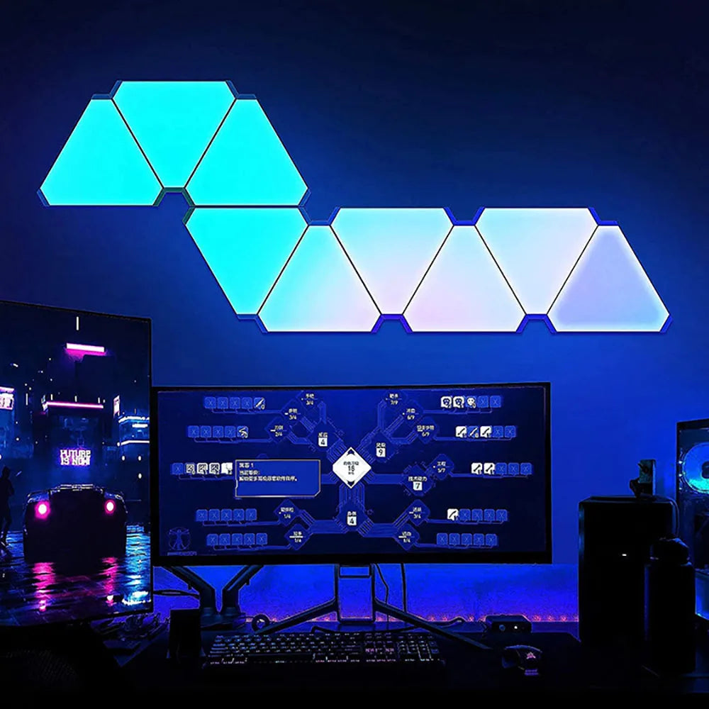 LED triangular quantum lamp RGB wall light with smart app and voice control glowing blue in gaming setup