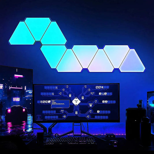 LED triangular quantum lamp RGB wall light with smart app and voice control glowing blue in gaming setup