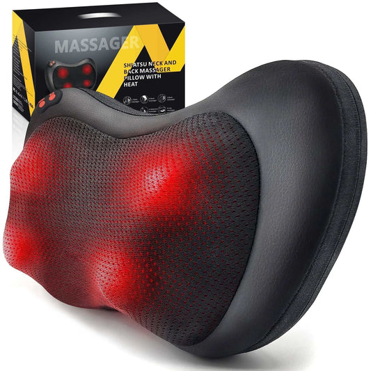 Shiatsu back massager pillow with heat and deep tissue kneading for neck, back, office, home, and car use