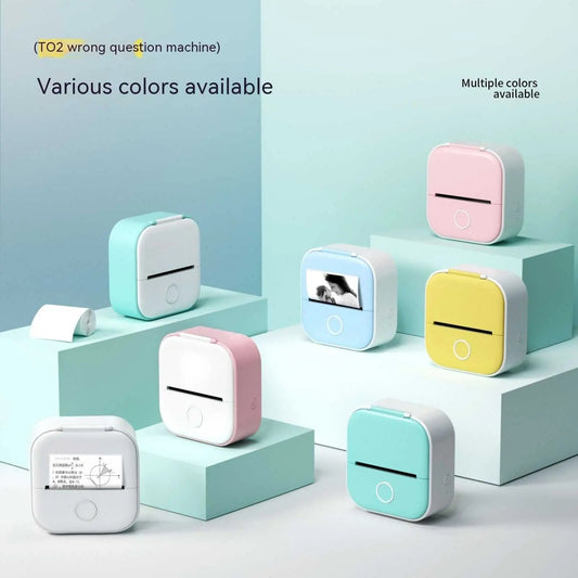 Mini thermal label printers in various pastel colors with compact design and Bluetooth connectivity for home and student use