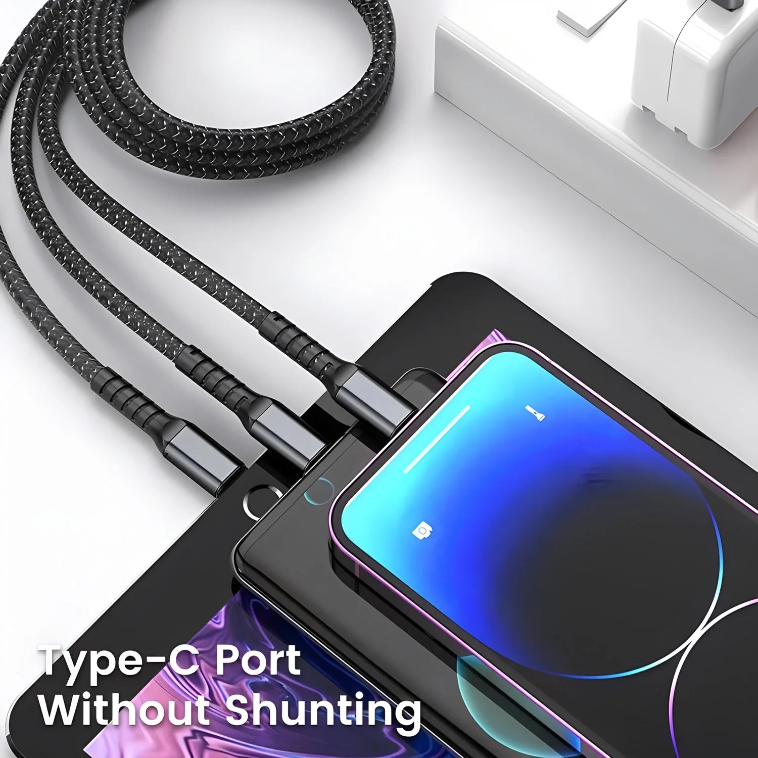 Durable black nylon braided 3 in 1 charging cable fast charging three devices simultaneously