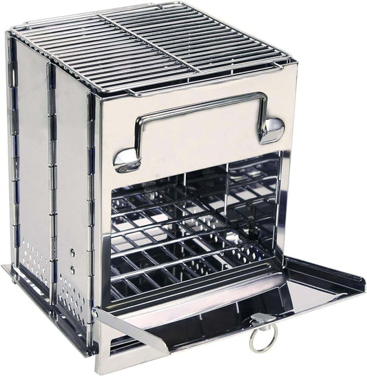 Portable stainless steel wood burning folding camp stove with grill for hiking and outdoor cooking