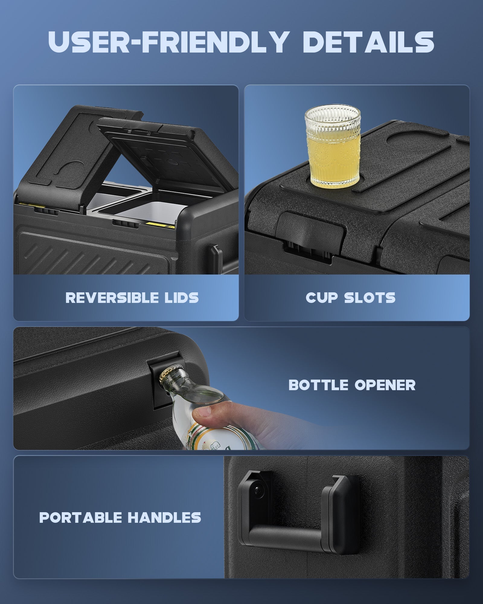 Dual zone car fridge with reversible lids, cup slots, built-in bottle opener, and portable handles for easy transport