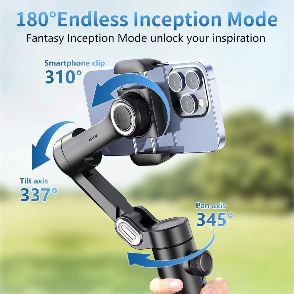 AOCHUAN 3-Axis handheld smartphone gimbal stabilizer with 180° inception mode and adjustable pan, tilt, and clip angles.