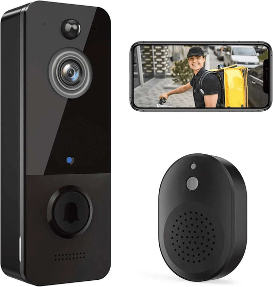 Wireless doorbell camera with chime, 1080P HD video, night vision, two-way audio, and wireless connectivity.