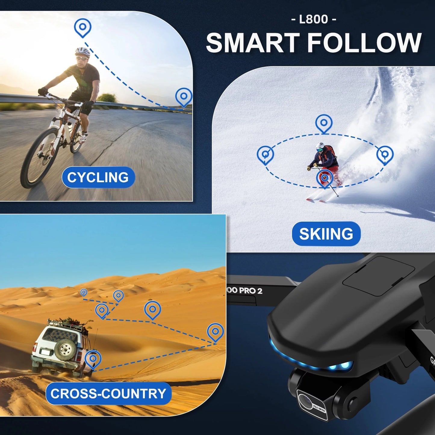 Black 4K camera drone with 5G WiFi and smart follow modes for cycling, skiing, and cross-country adventures