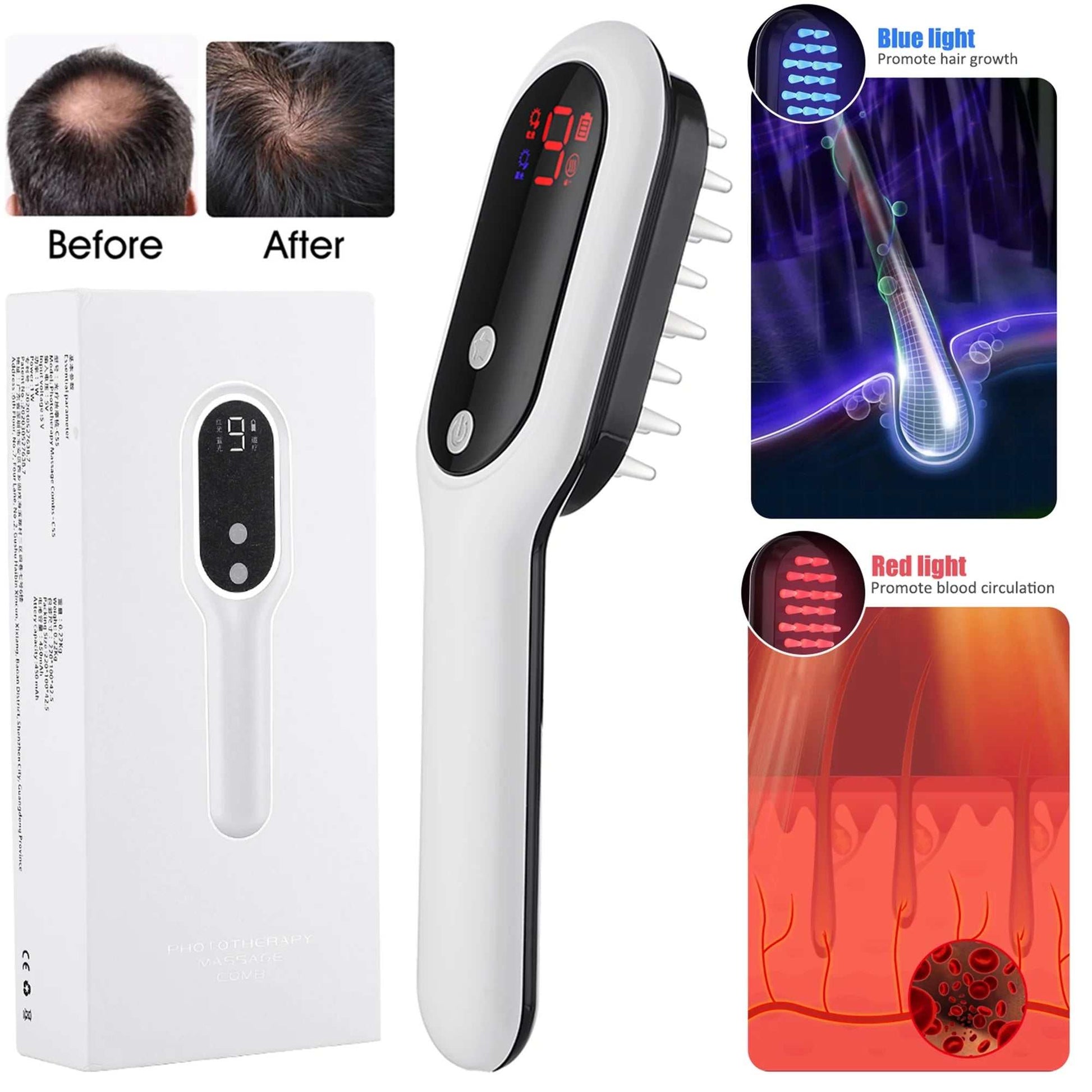 Laser Scalp Massager Comb with red and blue light phototherapy for hair regrowth and anti hair loss