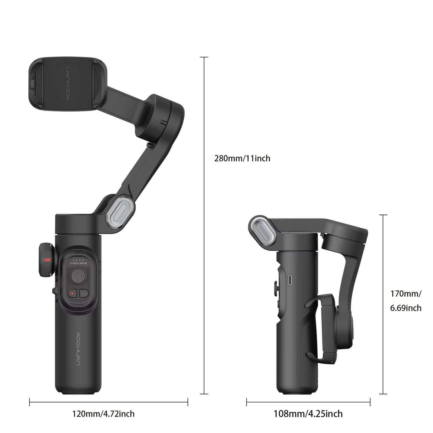 AOCHUAN 3-Axis handheld smartphone gimbal stabilizer with foldable arm and control buttons, shown with dimensions.