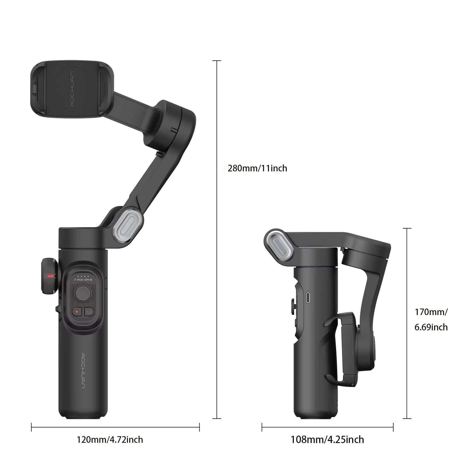 AOCHUAN 3-Axis handheld smartphone gimbal stabilizer with foldable arm and control buttons, shown with dimensions.