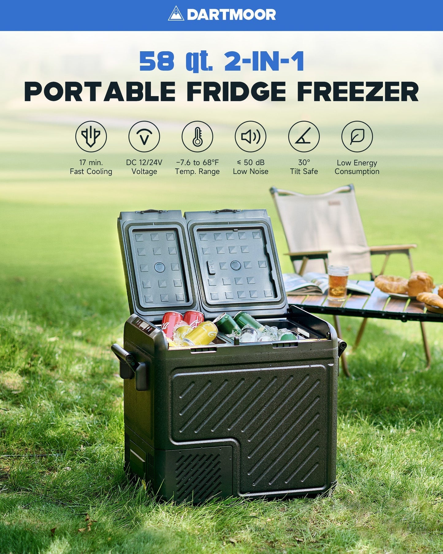 58 qt dual zone car fridge freezer with fast cooling, low noise, and dual power options for outdoor use