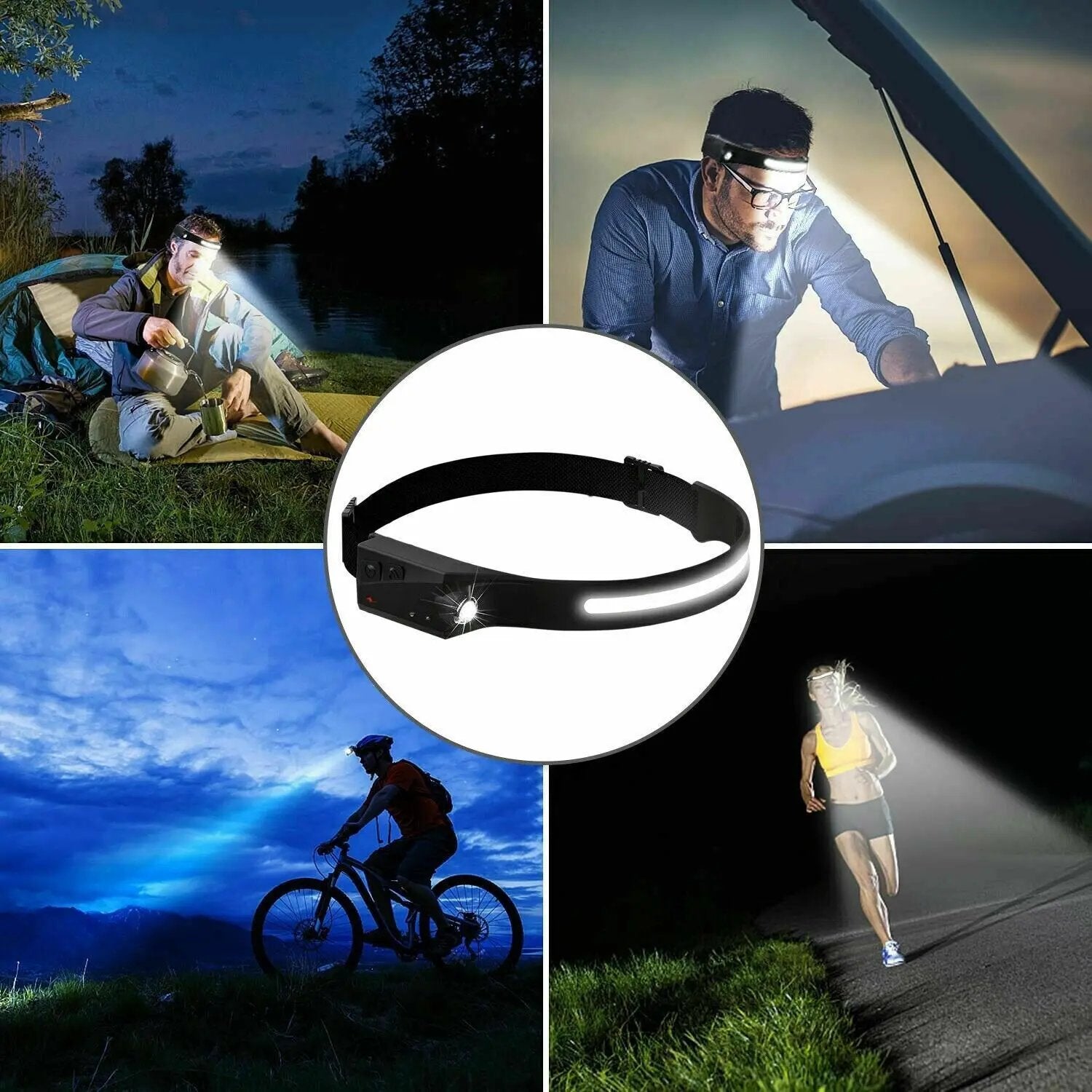 COB LED Headlamp USB Rechargeable Headlight Torch Work Light Bar Head Puce Gaia