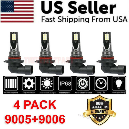 Set of four 9005 9006 LED headlights with 8000K high low beam, waterproof, easy install, long life, and 360-degree beam angle.