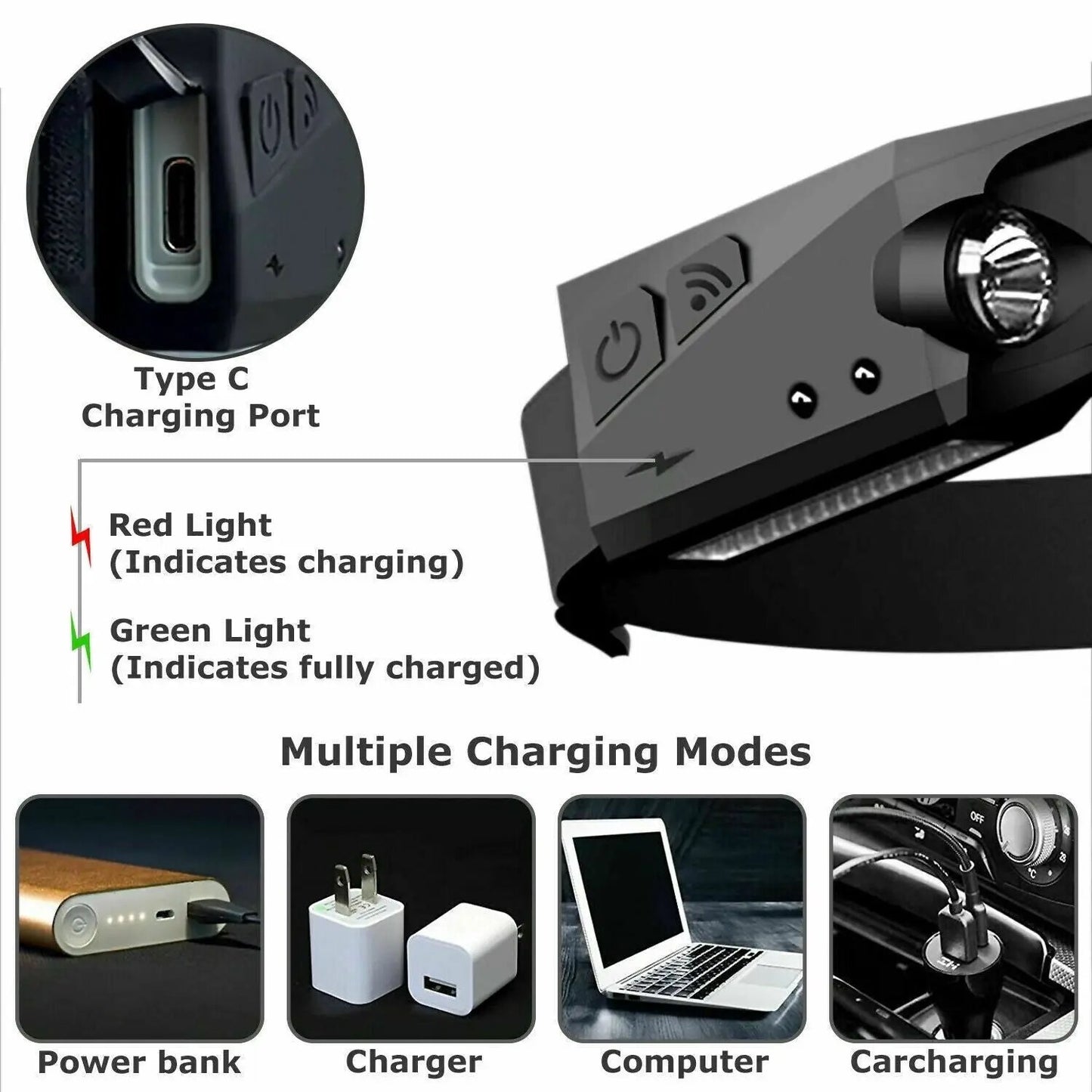COB LED Headlamp USB Rechargeable Headlight Torch Work Light Bar Head Puce Gaia