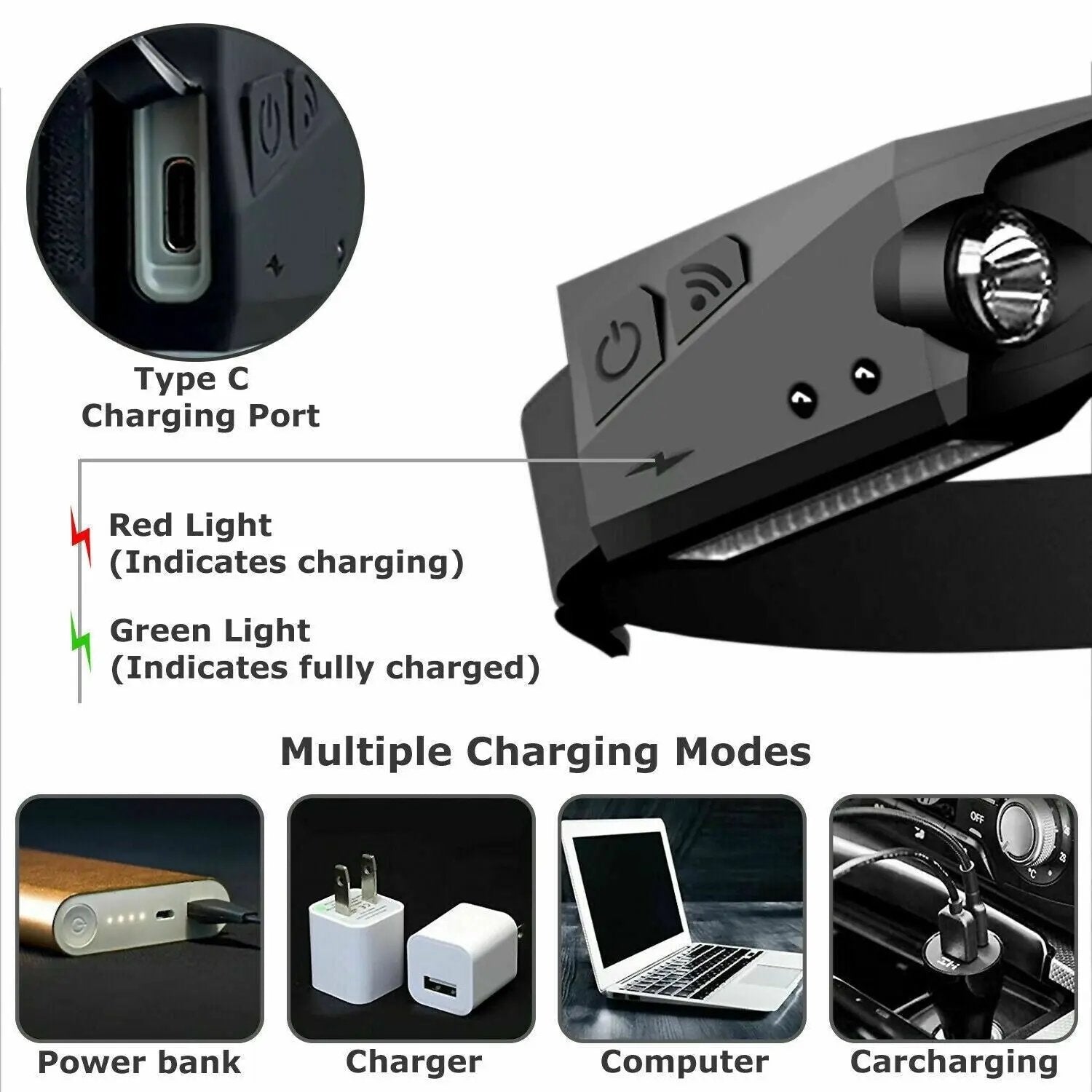 COB LED Headlamp USB Rechargeable Headlight Torch Work Light Bar Head Puce Gaia