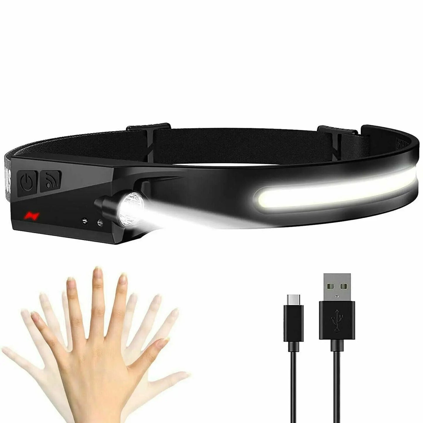 COB LED Headlamp USB Rechargeable Headlight Torch Work Light Bar Head Puce Gaia