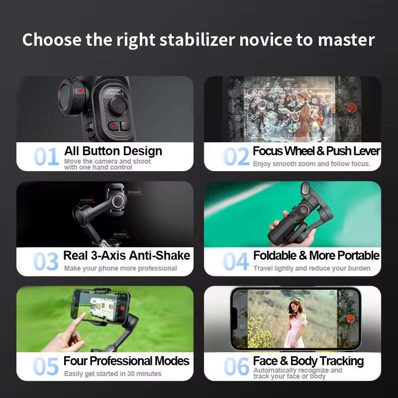 AOCHUAN 3-Axis handheld smartphone gimbal stabilizer with focus wheel, push lever, face and body tracking, foldable design, and anti-shake technology