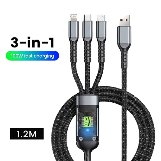3 in 1 Charging Cable with 100W fast charging, nylon braided, 1.2m length, USB to Lightning, USB-C, and Micro USB connectors