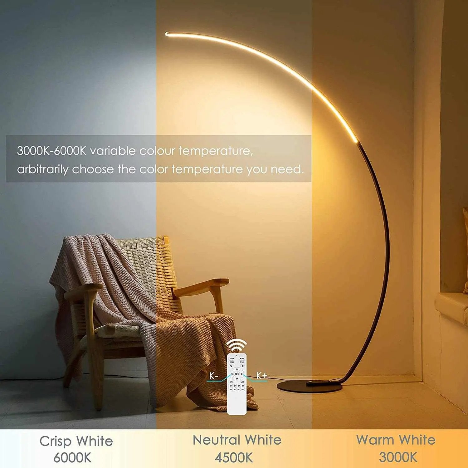 RGBW modern curve floor lamp with adjustable 3000K-6000K color temperature near armchair