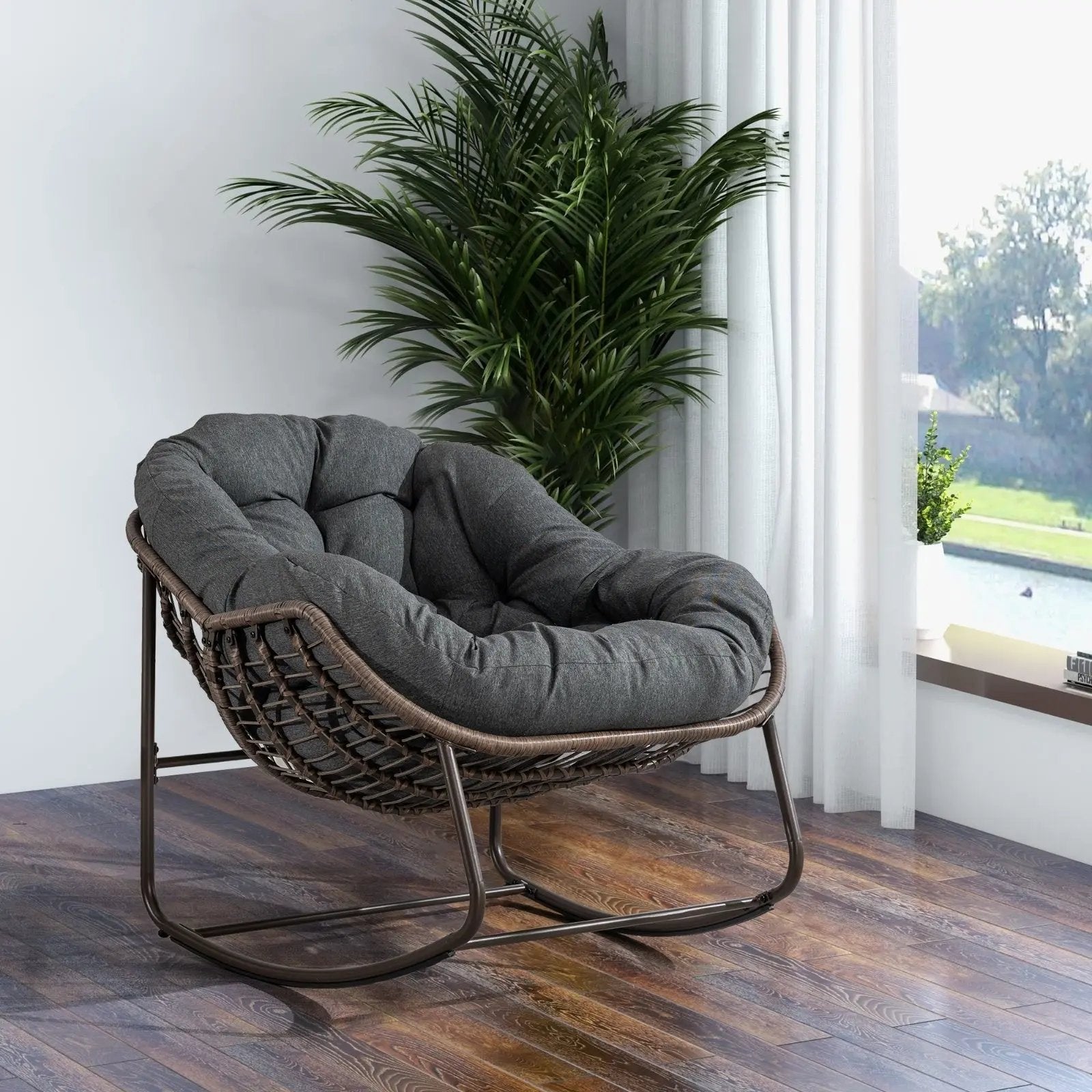 LuneluX_Home – Outdoor Rocking Lounge Chair with Cushion (Grey) Carmine Juneberry