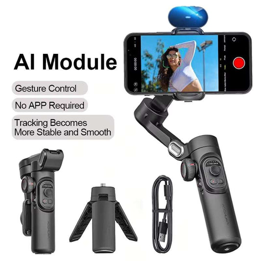 AOCHUAN 3-Axis handheld smartphone gimbal stabilizer with fill light and AI gesture control for smooth video tracking.