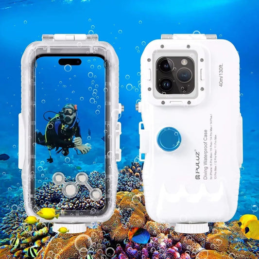 PULUZ waterproof diving case for iPhone with clear underwater video housing and one-way valve, 40M/130Ft depth.