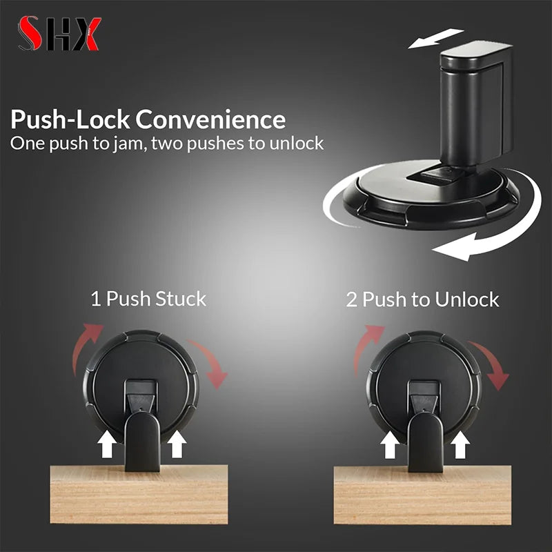 Windproof door stopper with push-lock mechanism in oil rubbed bronze finish preventing door closure and floor damage
