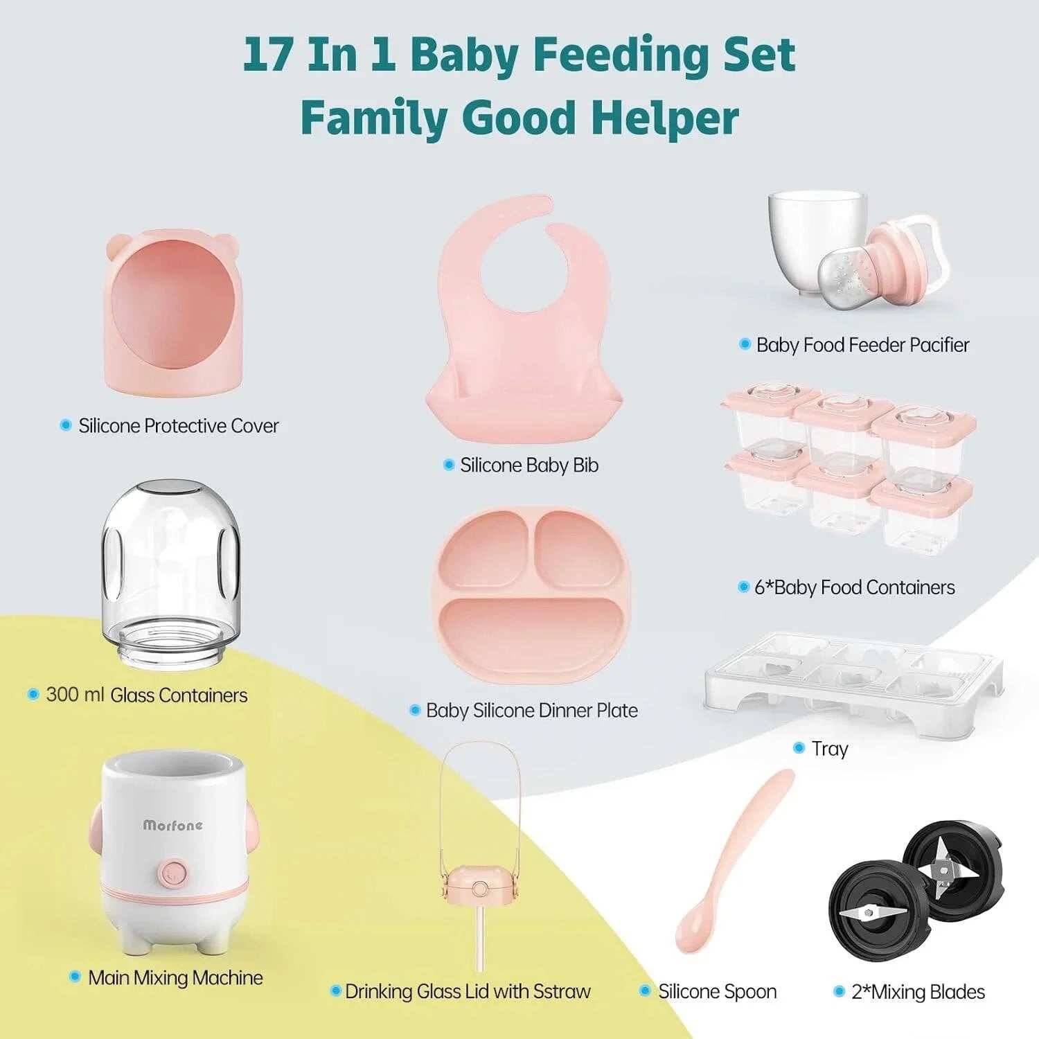Baby Food Maker, 17-In-1 Baby Food Processor Set for Baby Food, Fruit, Vegatable, Meat, Baby Food Puree Blender with Baby Food Containers, Food Freezer Tray, Silicone Spoons, Spatula (Pink)
