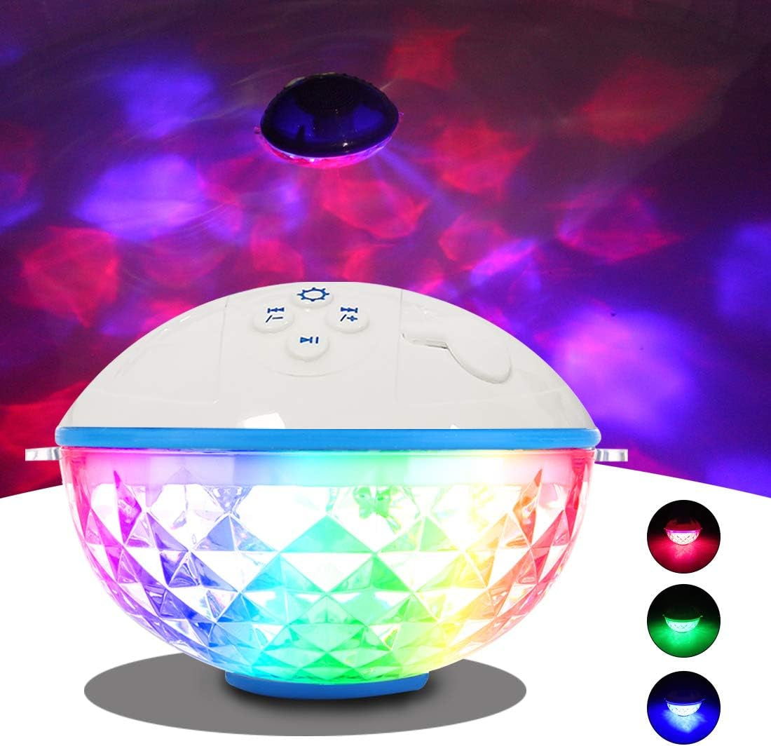 Pool Bluetooth speakers with LED lights floating on water, waterproof wireless speaker with colorful light show