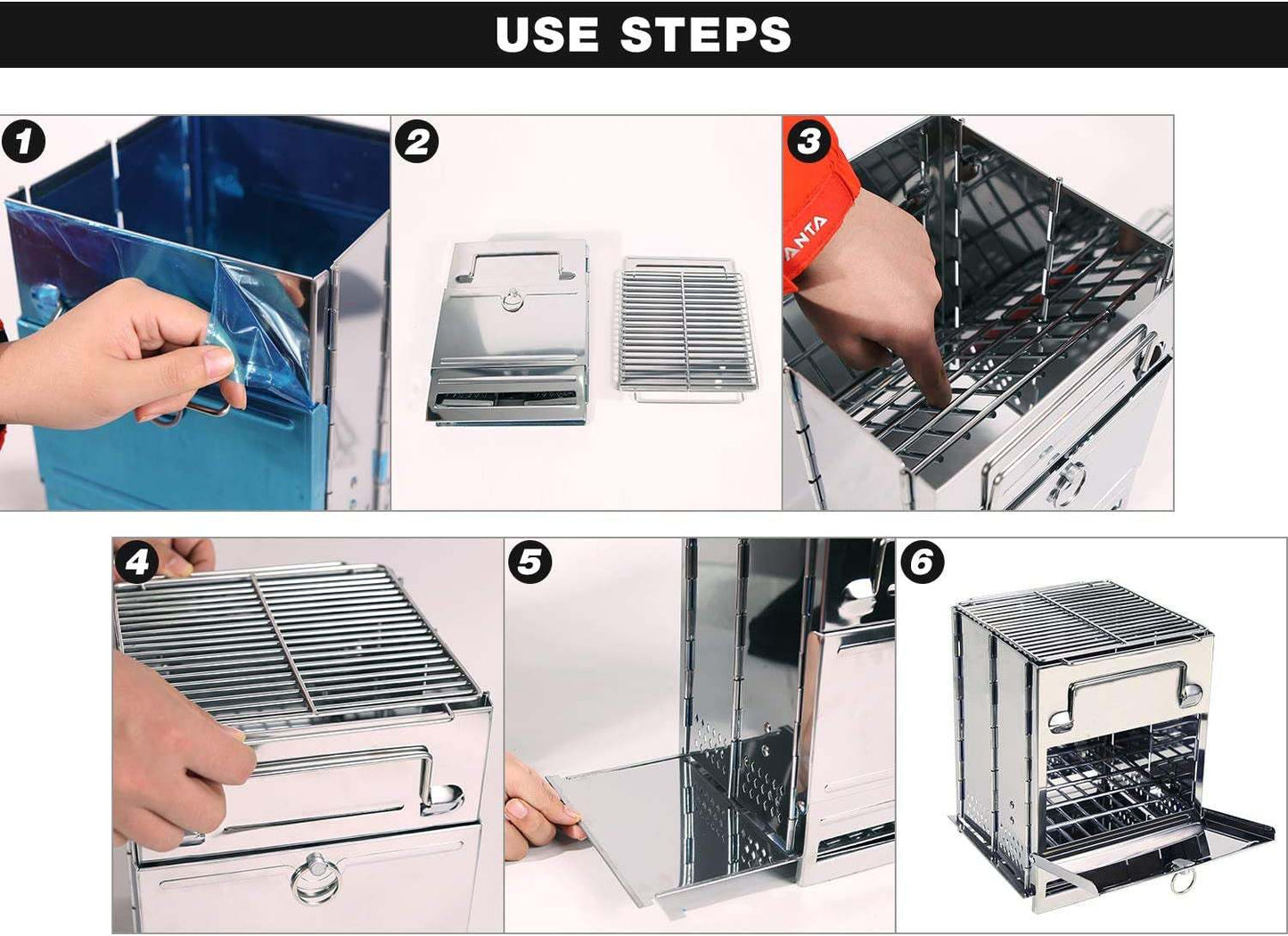 Wood Burning Folding Camp Stove in stainless steel being assembled step-by-step for portable outdoor use.