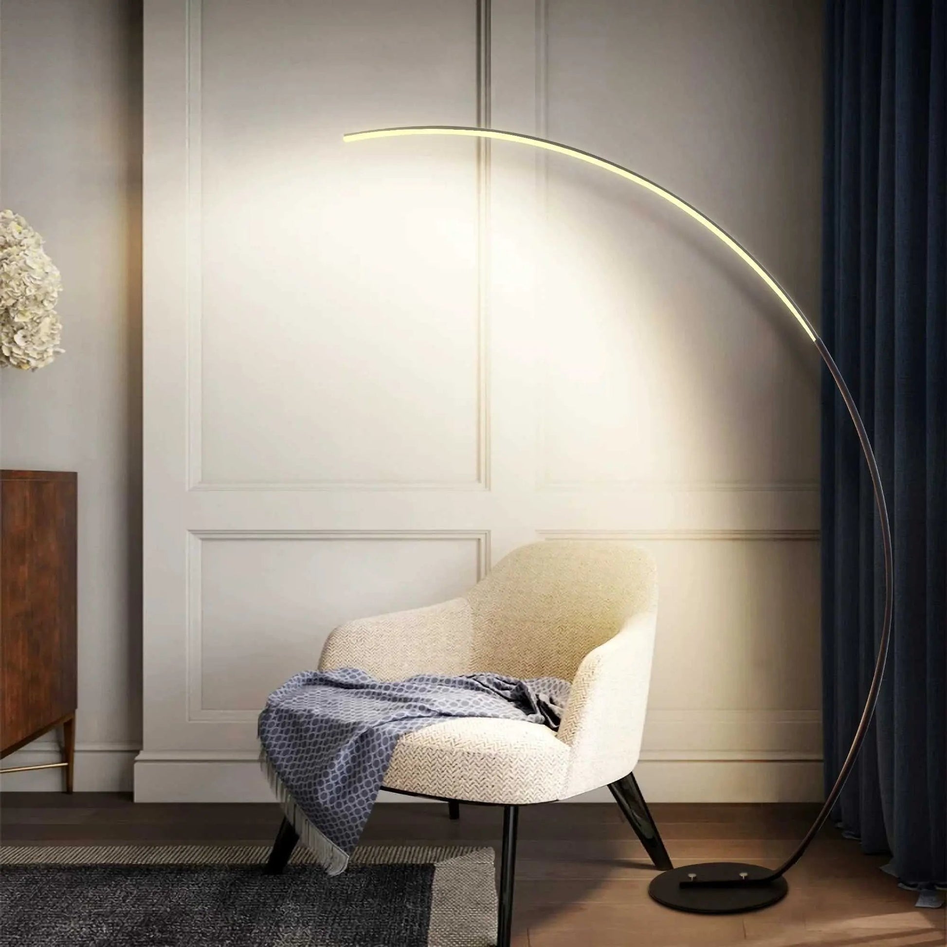 RGBW Modern Curve Floor Lamp with dimmable LED, 16 million colors, remote control, sleek black metal and aluminum design.