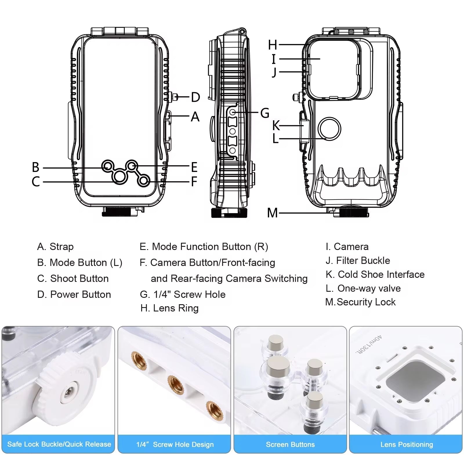 Waterproof diving case with one-way valve for iPhone 15 to 11 Pro Max, featuring secure lock, camera and mode buttons, and lens ring for underwater use.