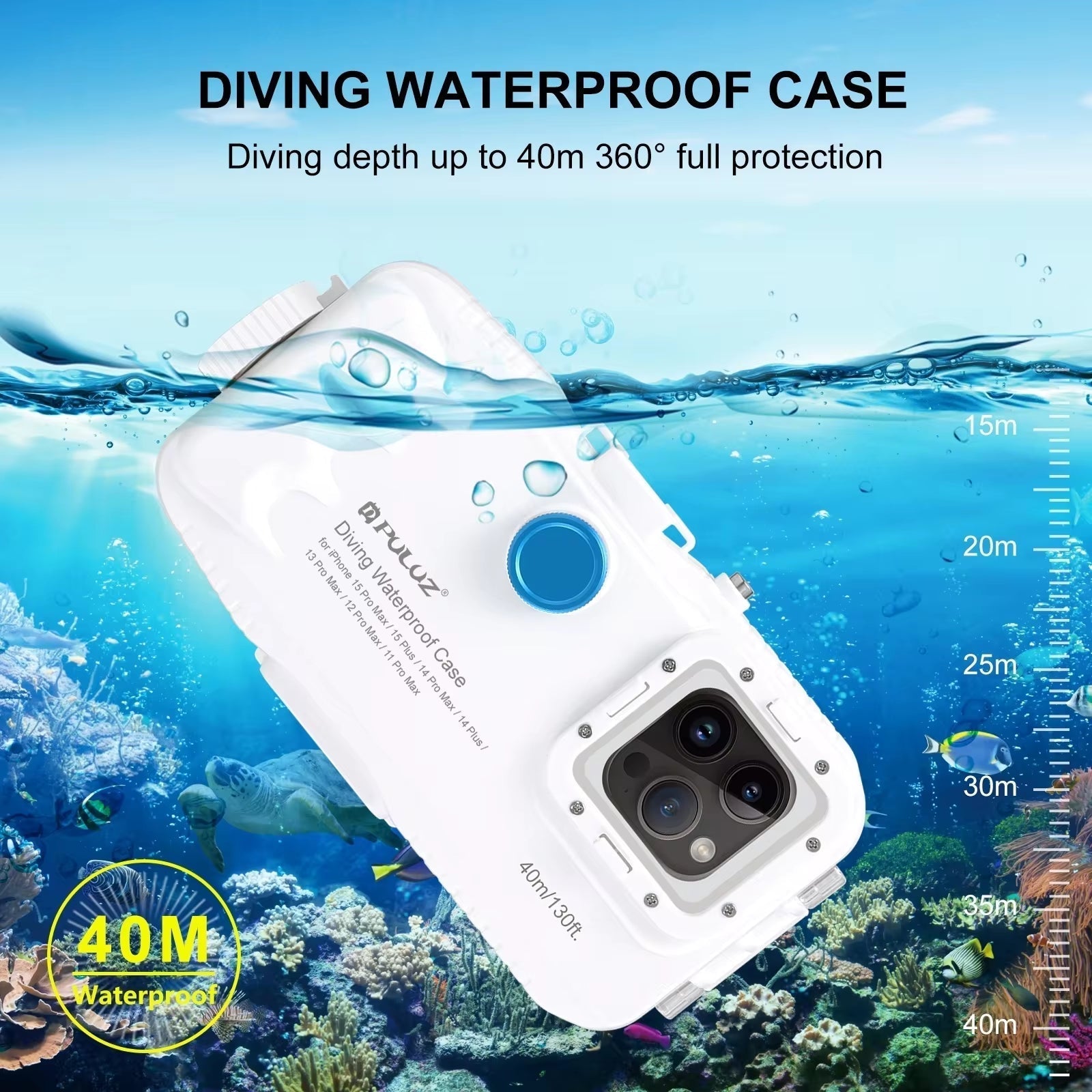 White PULUZ waterproof diving case for iPhone 15-12 with 40m depth and one-way valve underwater housing