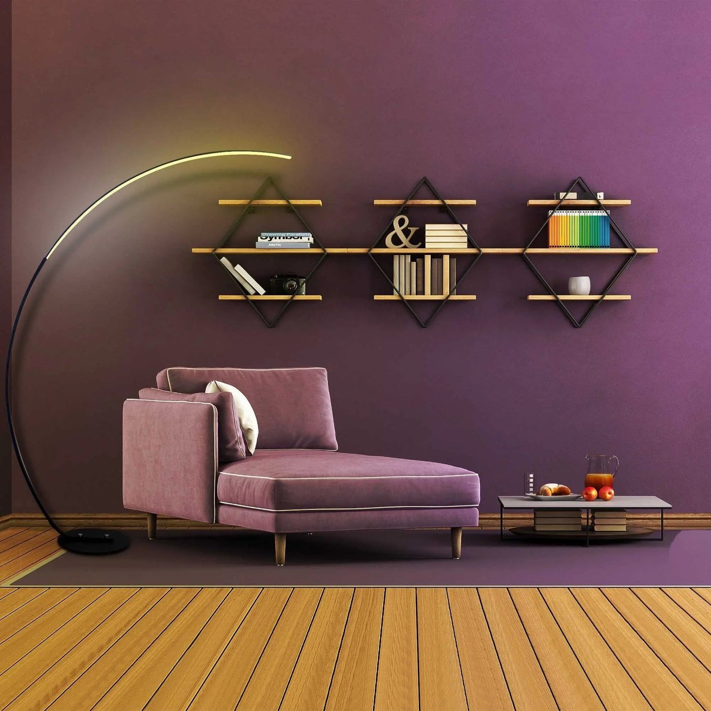 Black RGBW modern curve floor lamp illuminating purple-themed living room with chaise lounge and decorative shelves