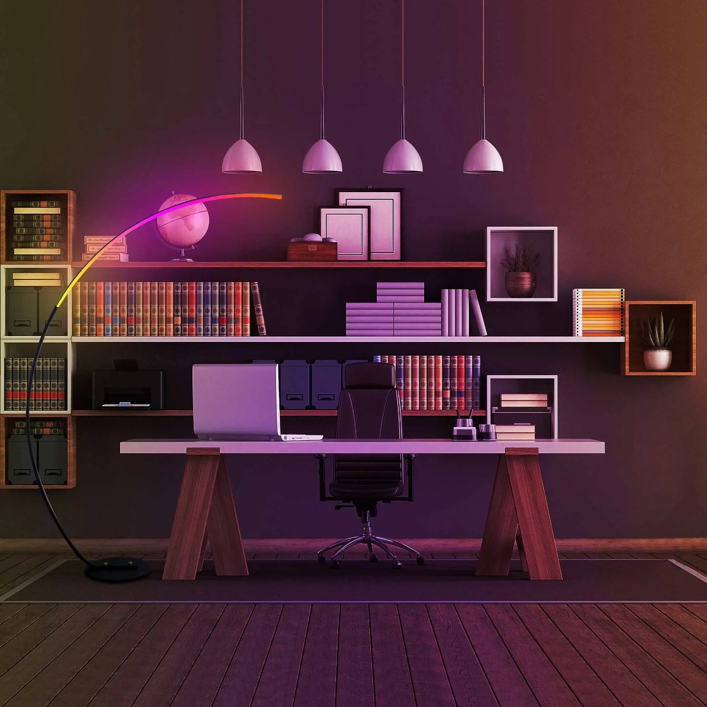 RGBW Modern Curve Floor Lamp in black metal and aluminum with multicolor LED lighting in modern office setting