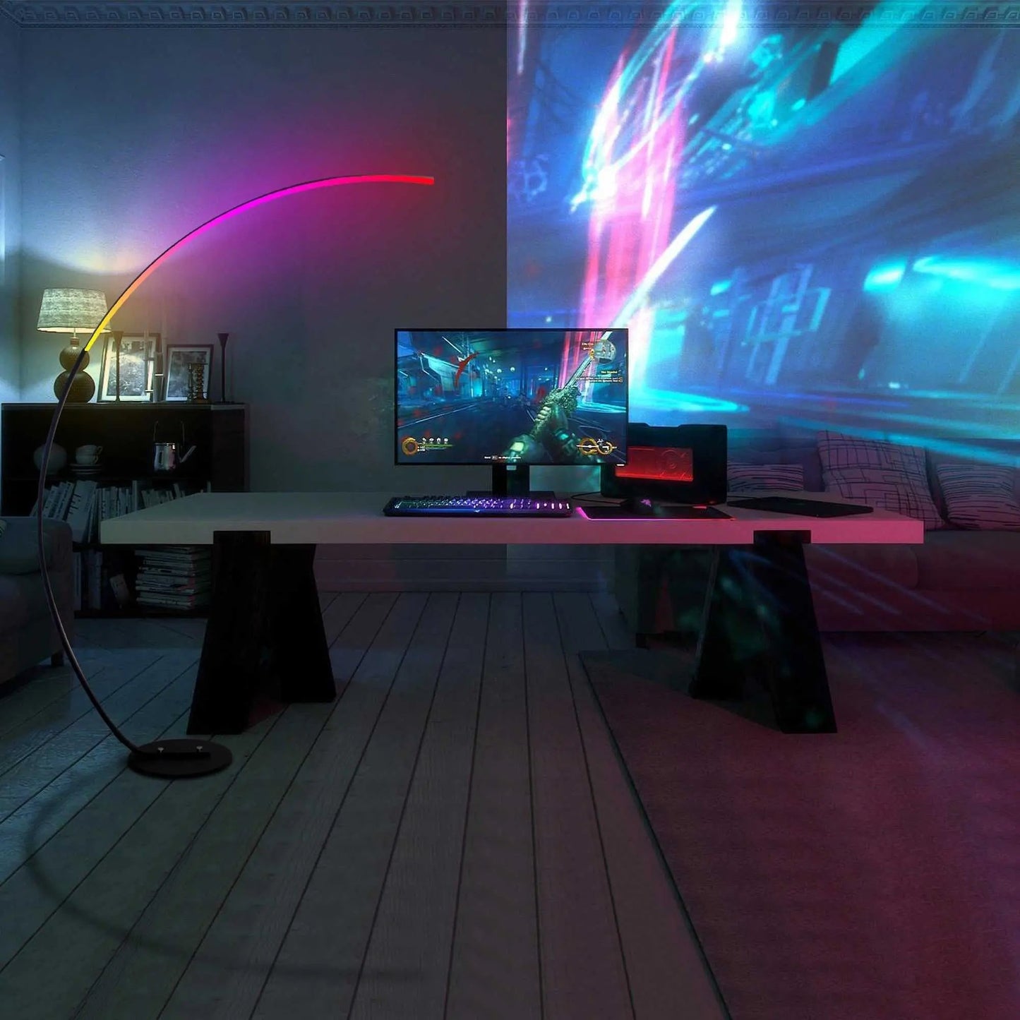 RGBW modern curve floor lamp with RGBW LED lighting creating colorful ambient glow in a gaming room