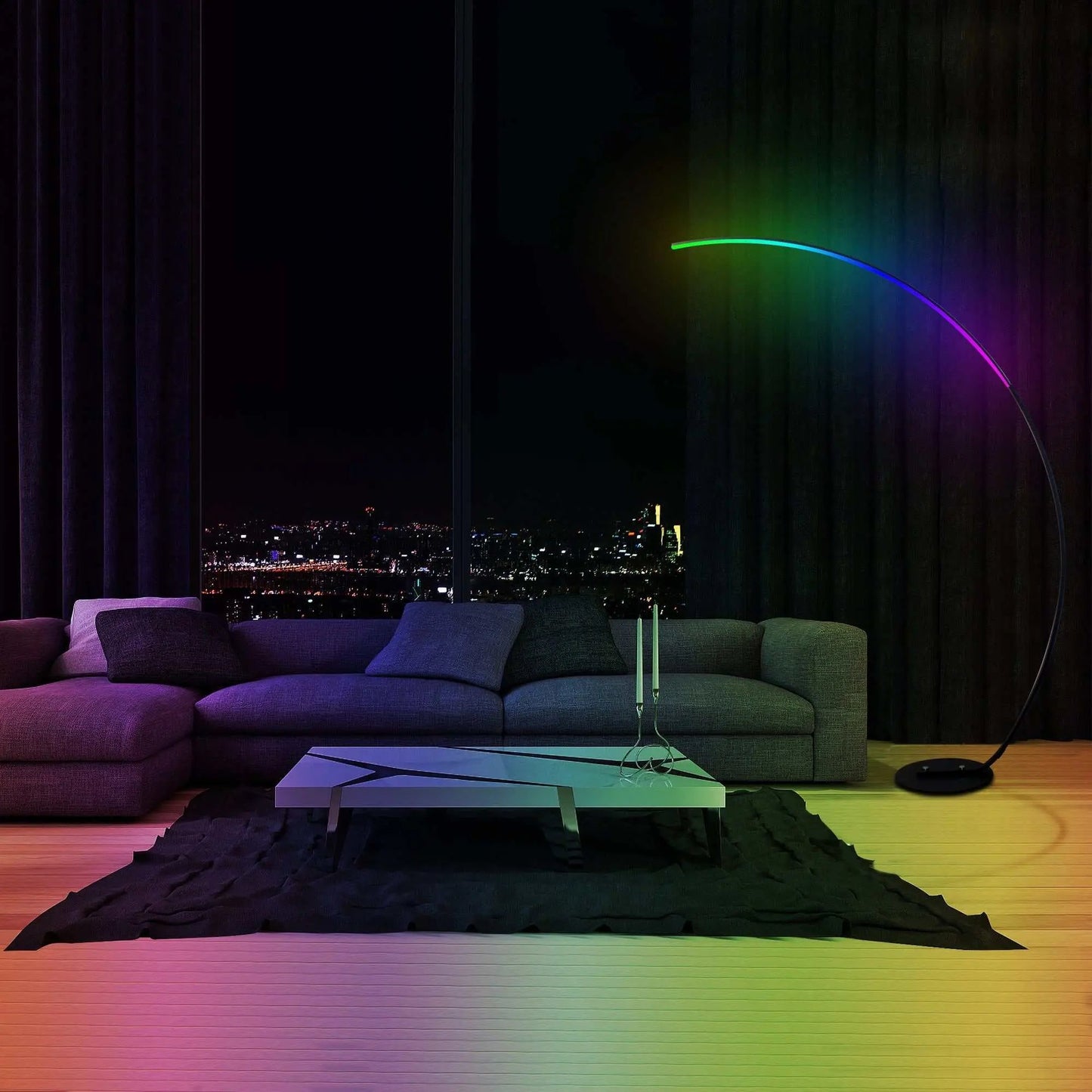 RGBW modern curve floor lamp with multicolor LED light in black metal frame illuminating living room interior at night