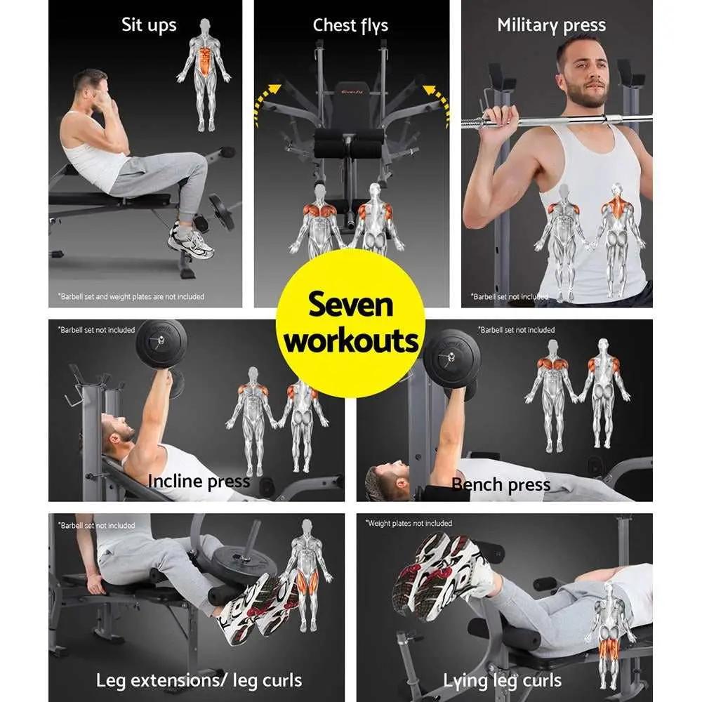 Everfit Multi Station Weight Bench showing seven workout exercises including sit ups, chest flys, military press, incline press, bench press, leg extensions and lying leg curls
