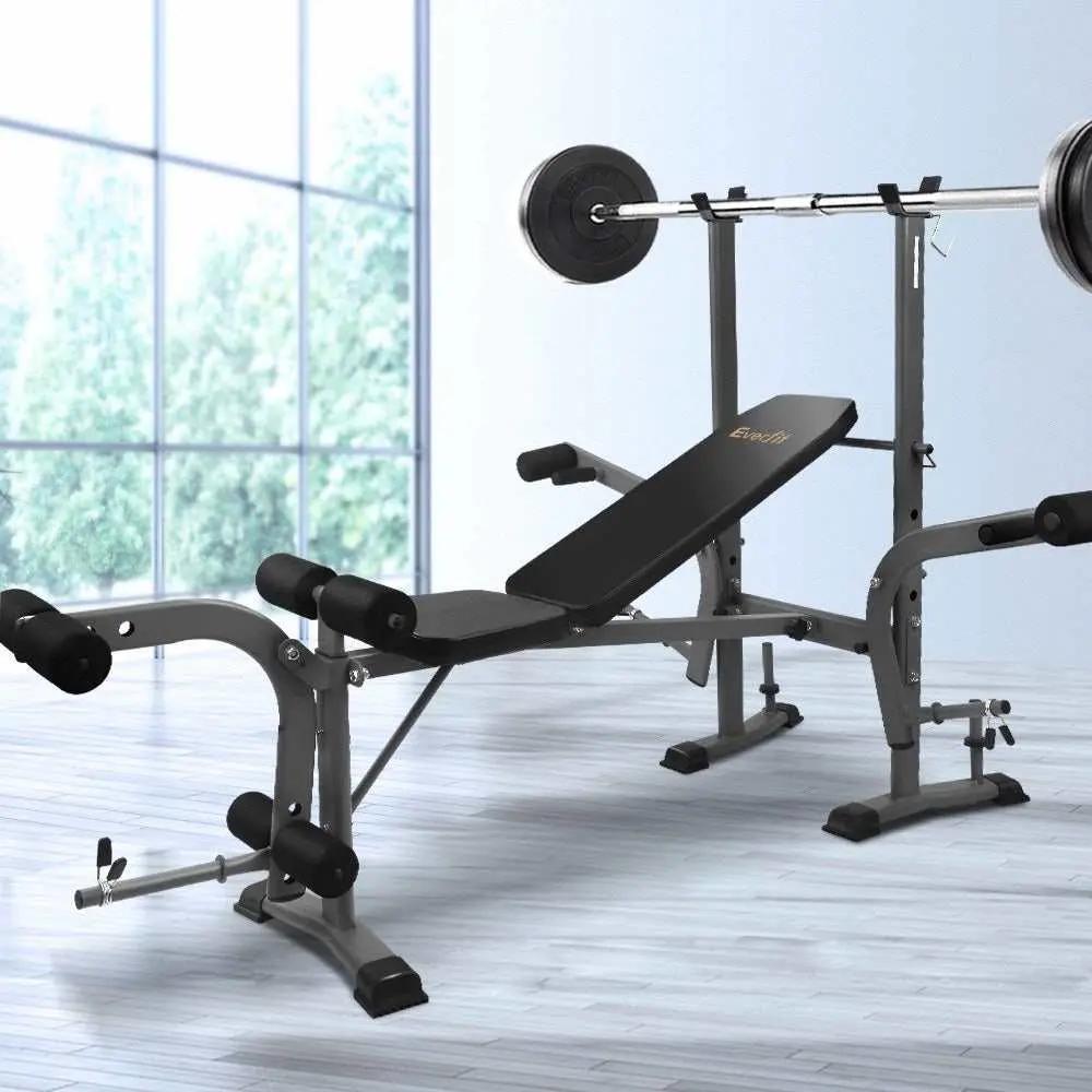 Multi Station Weight Bench with adjustable incline, leg extensions, and barbell holder for versatile home workouts
