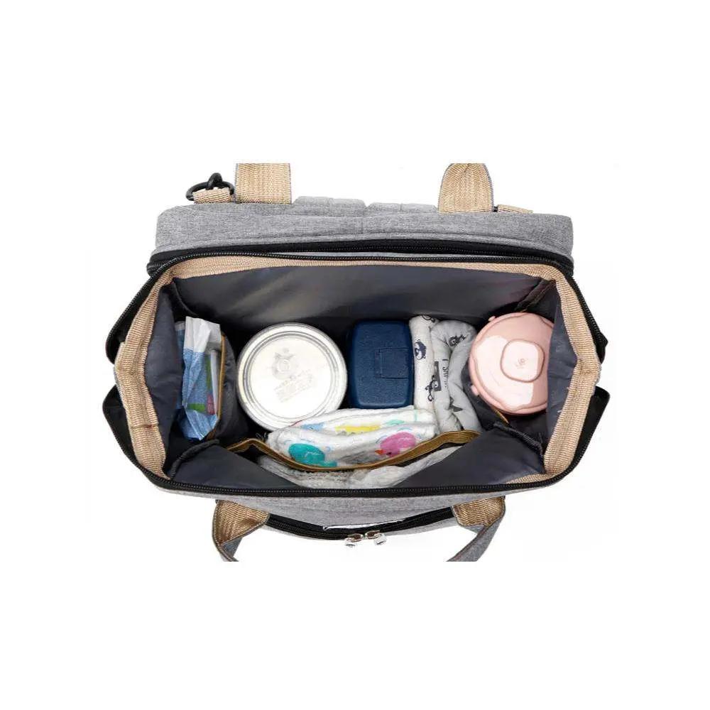 Gray nylon stroller diaper bag with baby essentials inside, including bottles and diapers, spacious and organized interior