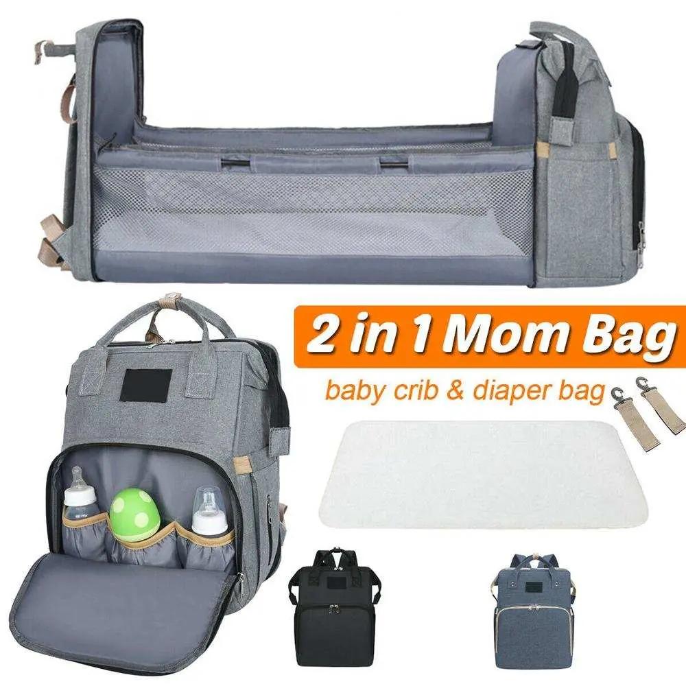 Gray stroller diaper bag with baby bed mat and stroller hooks multipurpose travel mom bag