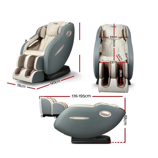 Livemor Electric Massage Chair recliner with SL track, shiatsu heat back, Bluetooth speakers, and multiple massage programs in grey and beige color.
