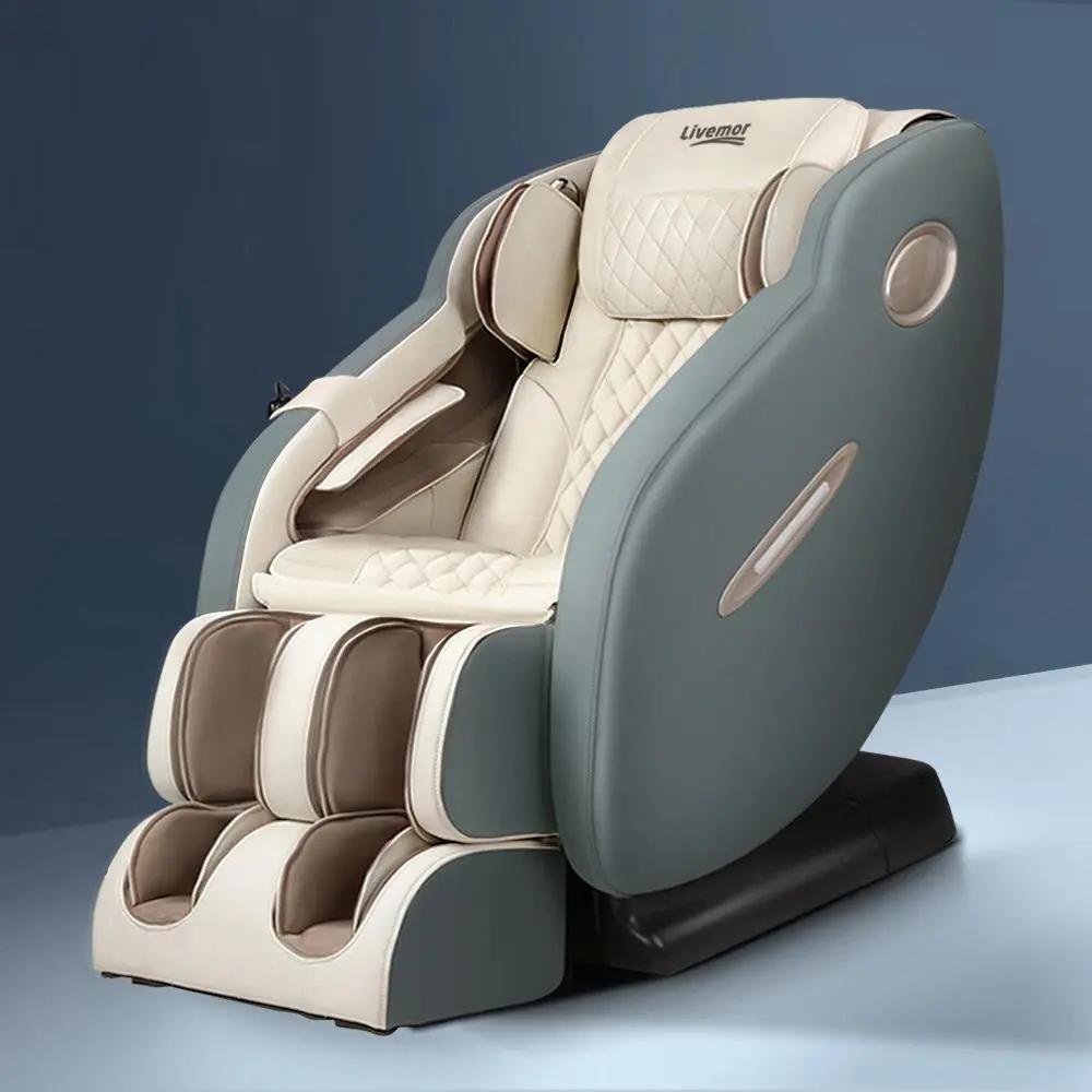 Livemor Electric Massage Chair recliner with SL track, shiatsu heat, Bluetooth speakers, and zero-gravity feature in beige and gray colors