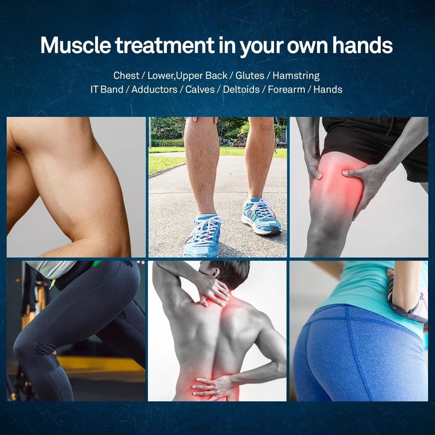 Pleno Massage Gun relieving muscle pain and soreness on various body parts including legs, back, and glutes