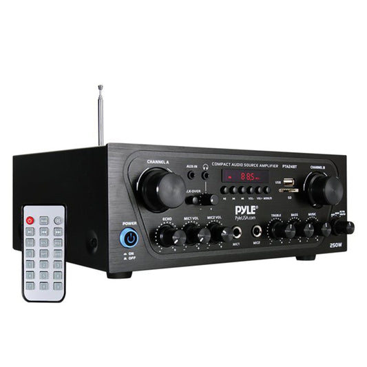 Pyle PTA24BT Bluetooth 250W 2-channel home audio amplifier stereo receiver with remote control and multiple inputs