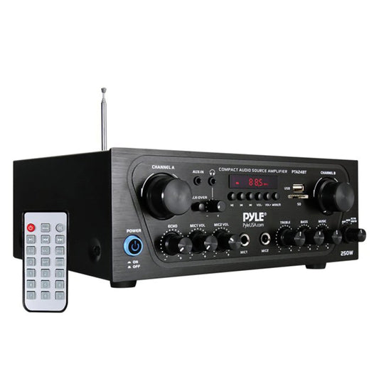 Pyle PTA24BT Bluetooth 250W 2-channel home audio amplifier stereo receiver with remote control and multiple inputs