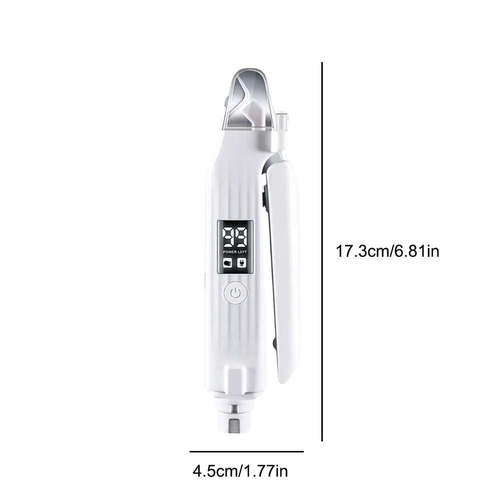 Compact rechargeable electric pet nail tool with LED lights, safety lock, and digital battery display for precise grooming
