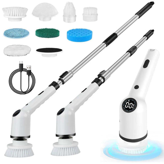 9 in 1 electric cleaning brush with LCD display, adjustable handle, 9 replaceable heads, cordless design, and USB Type-C charging cable.